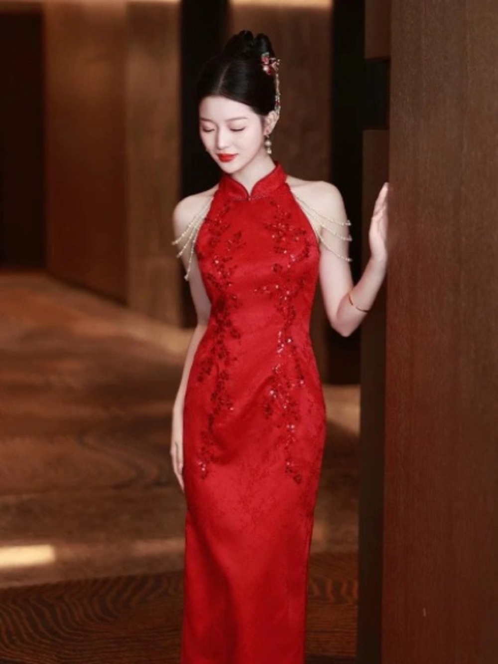Red Embellished Qipao Cheongsam with Pearl Shoulder Chains